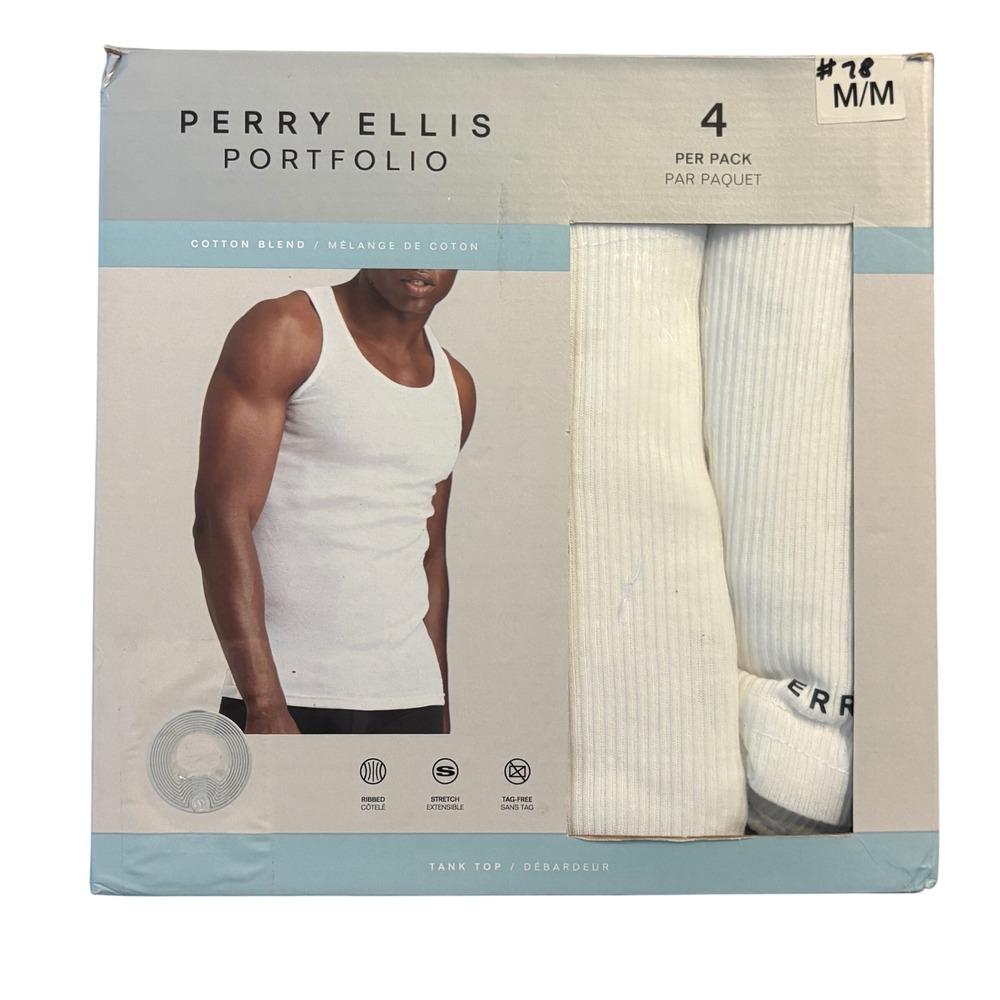 Perry Ellis Portfolio Mens Ribbed Tank Top Undershirt 4 Pack White Medium M